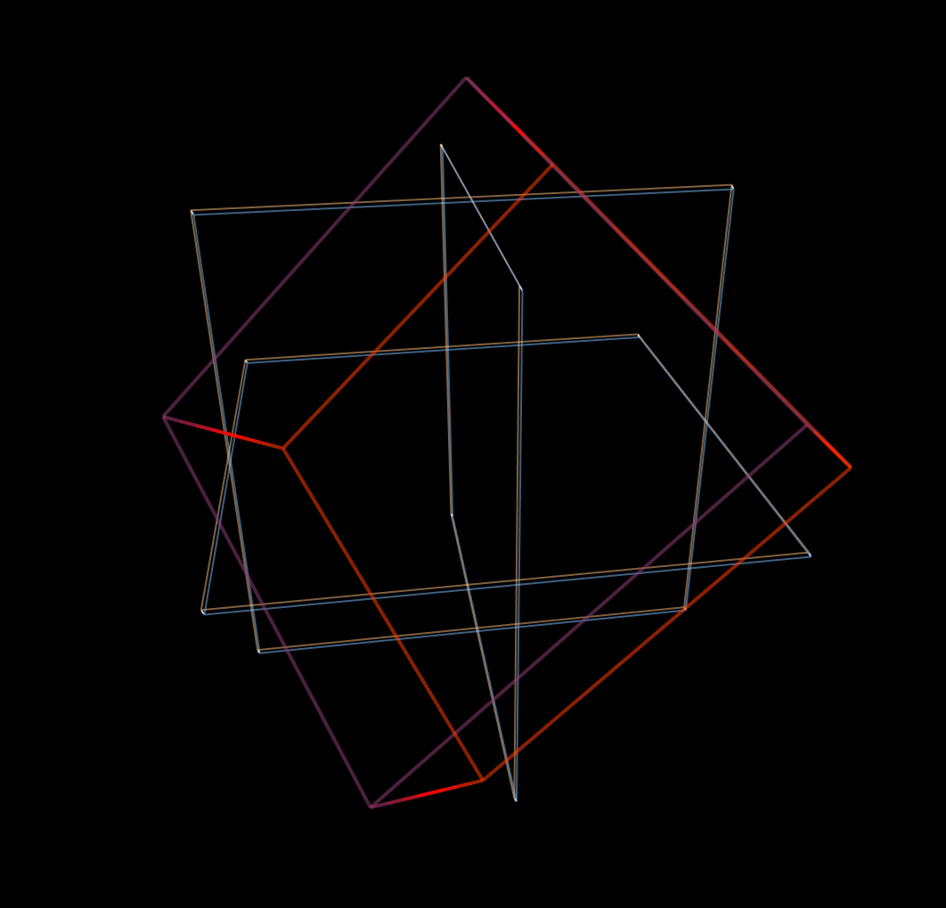3 white cubes placed at right angles from each other, with a third red cube pointed in between the first 3 and angled ana slightly. this is a picture of a 4D scene so it's hard to describe. The next two images describe the same scene, just from different angles.